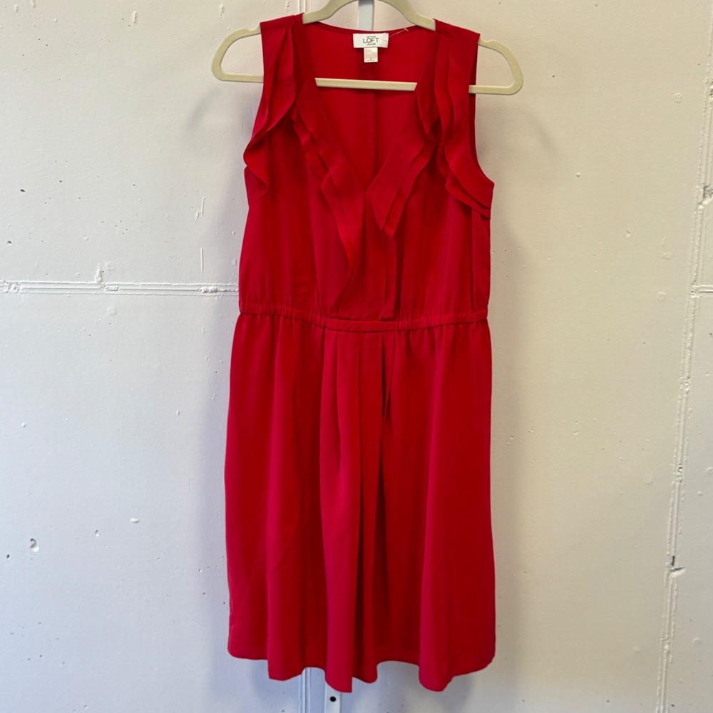 Y2K Ann Taylor Loft Red 100% Silk Ruffle V-Neck Sleeveless Sheath Dress Size 2